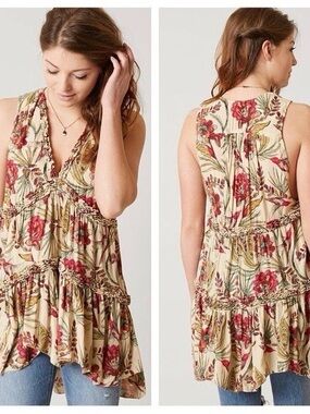 EUC Free People Haze Floral Tiered Tunic Boho Sleeveless Top Size XS
